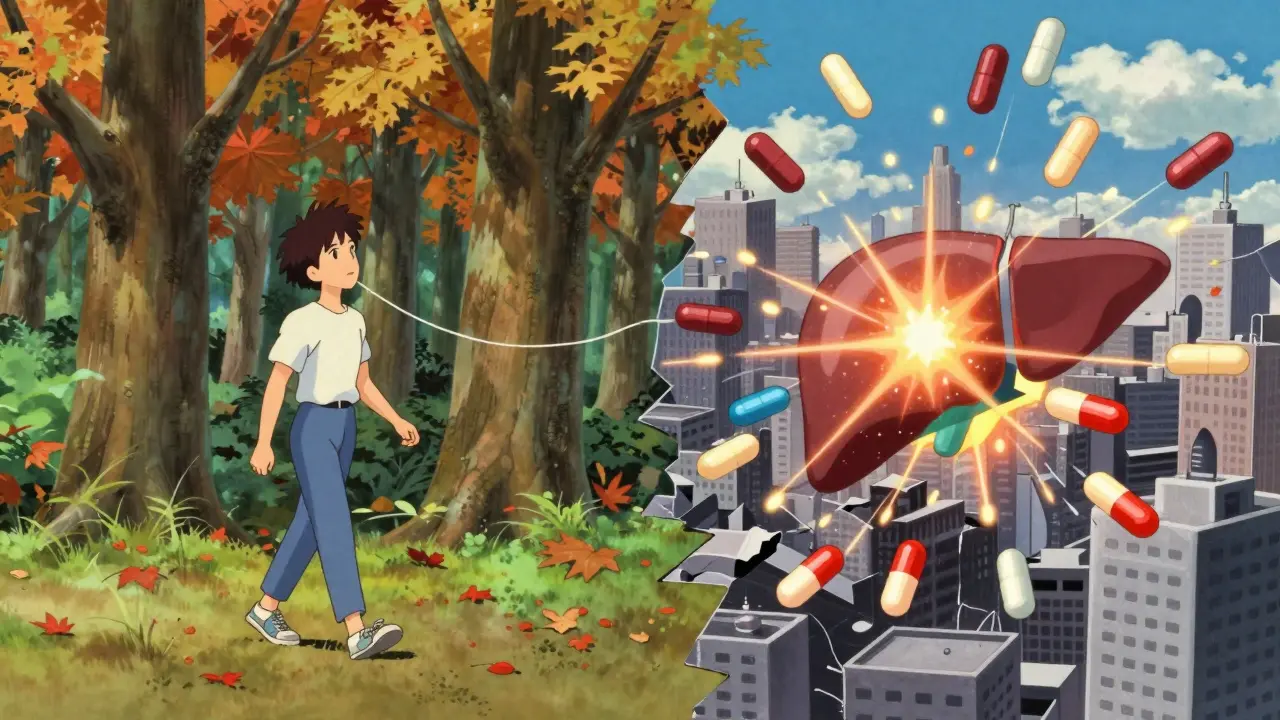 A split mental landscape: peaceful nature vs. collapsing city of pills and enzymes, a snapping thread between them.