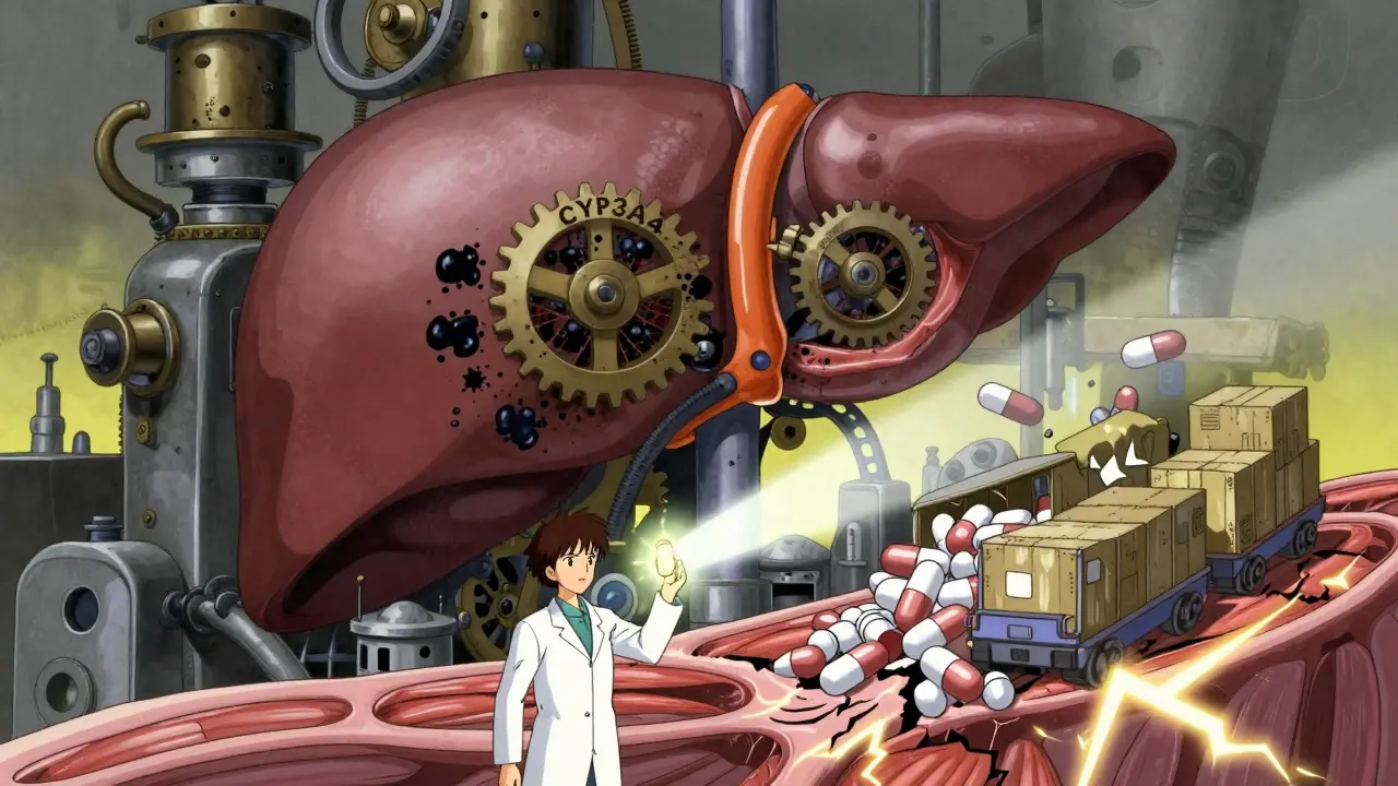 A steampunk liver with broken CYP3A4 machinery jammed by fungal spores, statin molecules spilling into muscles, while a glowing pravastatin pill emits light in the foreground.