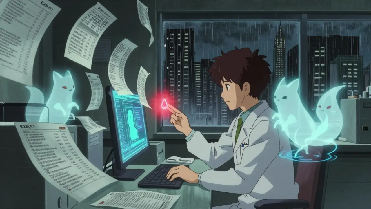 A worker in a dim office watches paper reports dissolve into digital data packets, guided by ghostly AI foxes scanning for safety signals.