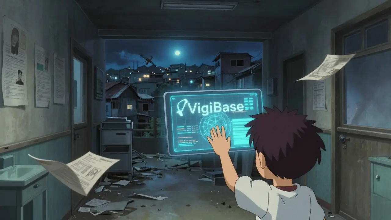 An abandoned clinic in a low-income region has fading reports blowing in the wind, while a child reaches toward a faint holographic global safety interface.