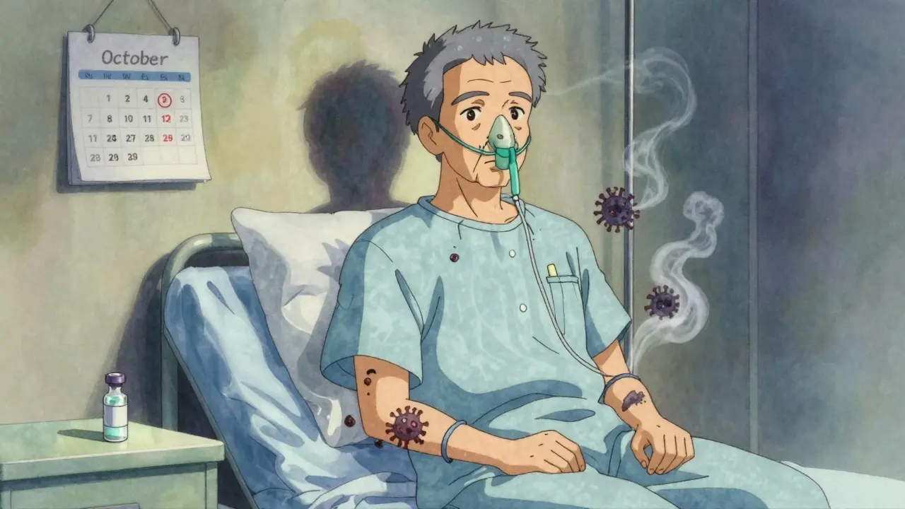 An elderly man in a hospital bed with RSV-shaped shadows swirling around him, a vaccine vial glowing on the table.