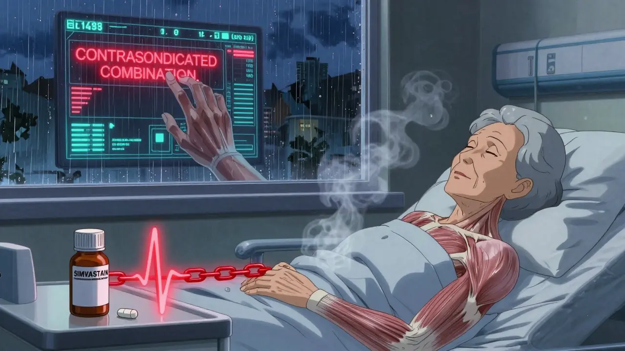An elderly woman in a hospital bed with translucent muscles fraying into smoke, connected by a red chain to antifungal and statin pills, rain streaking the window.