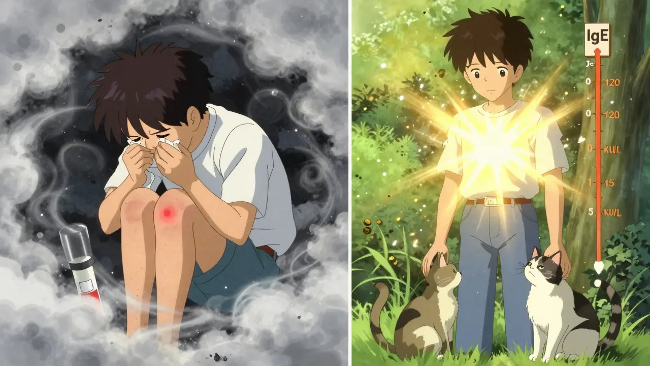 Before-and-after of a boy: wheezing with cat allergens vs. calm while petting a cat, IgE levels dropping.