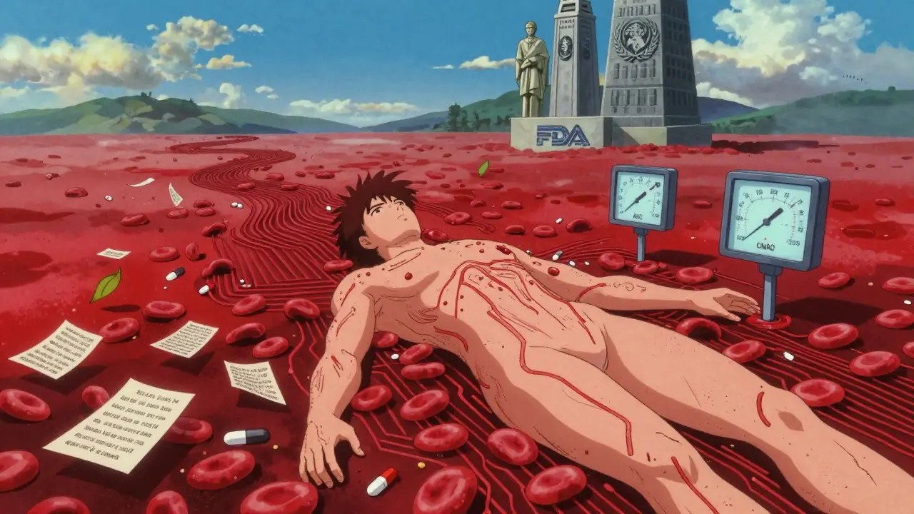 Blood cells carry drug molecules through a digital body, gauges showing AUC and Cmax ratios within the 80-125% range.