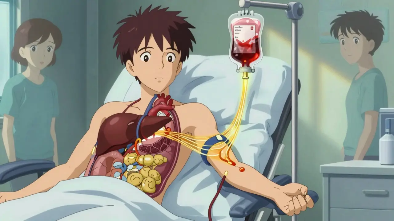 Blood drawn during phlebotomy transforming into golden threads that heal damaged organs.