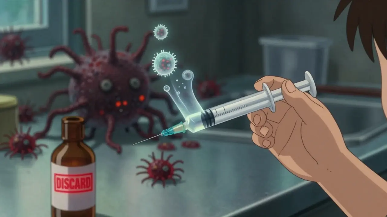 Child’s hand with syringe as resistant bacteria rise from liquid.