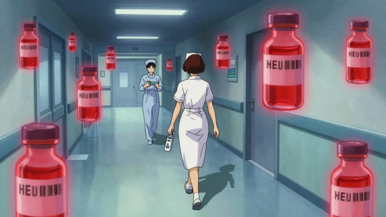 Floating high-alert medication vials glowing red in a hospital hallway, a nurse walking forward with a scanner, her shadow splitting into two verification figures.