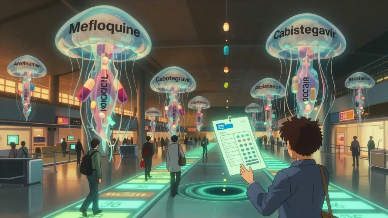 Giant floating pills in airport terminal, travelers walking on time-zone-shifting pathways.