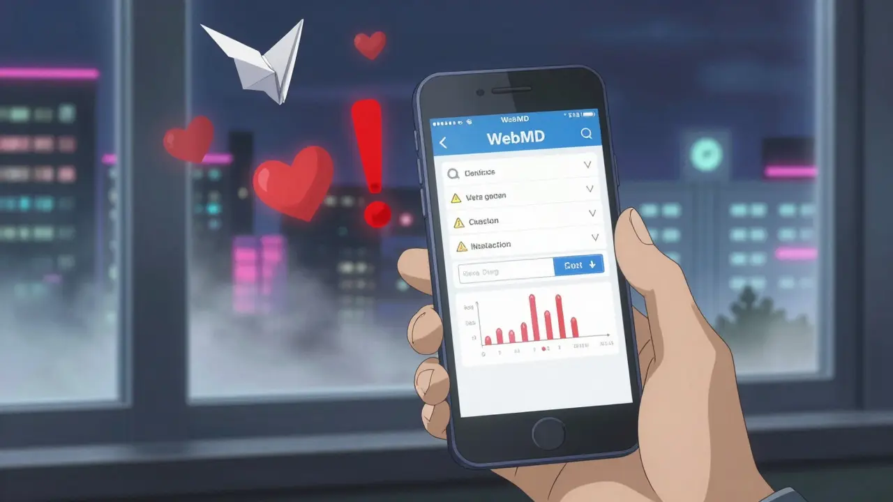 Hand holding phone with drug interaction checker, floating warnings like paper cranes in neon city.