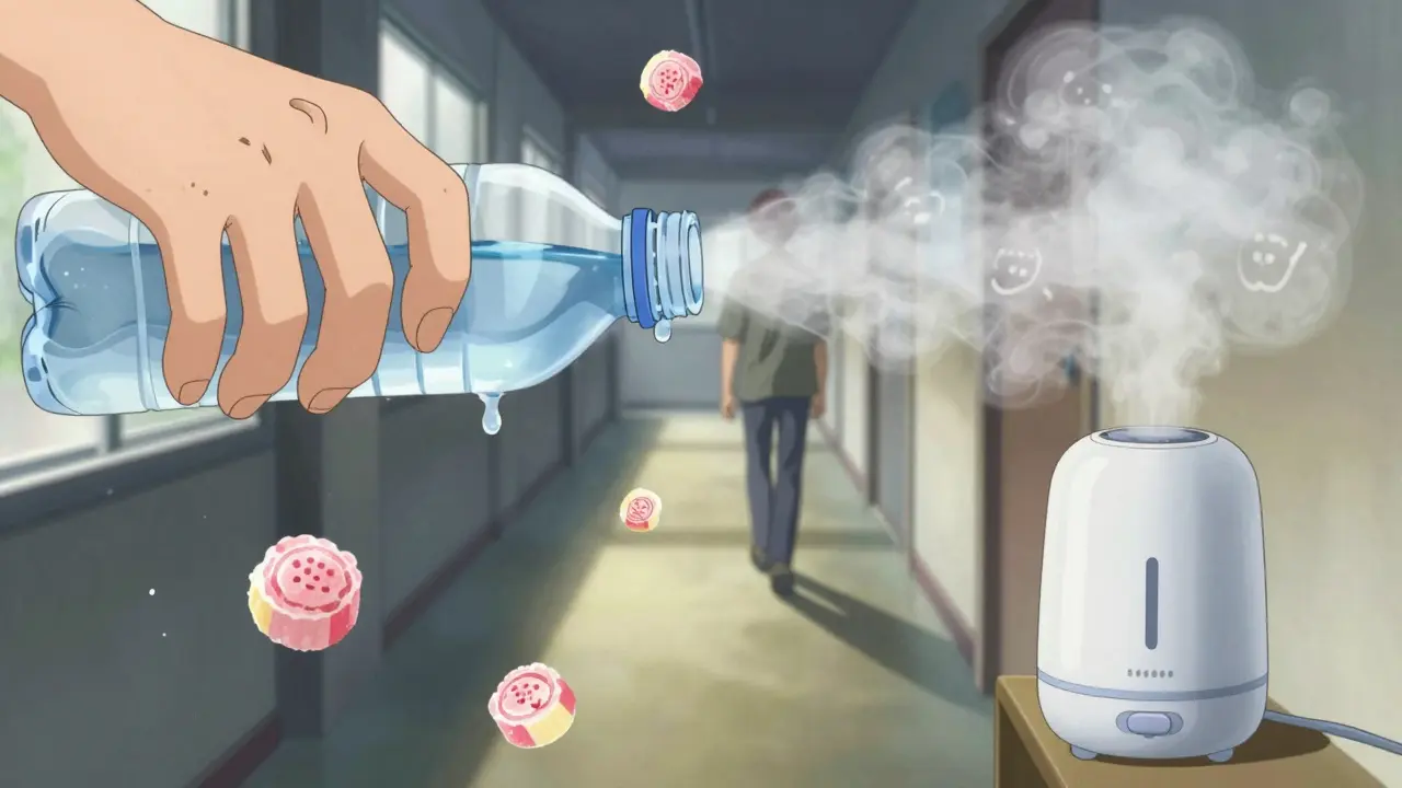 Hand holding water bottle with floating lozenges and mist, symbolizing relief from dry mouth.