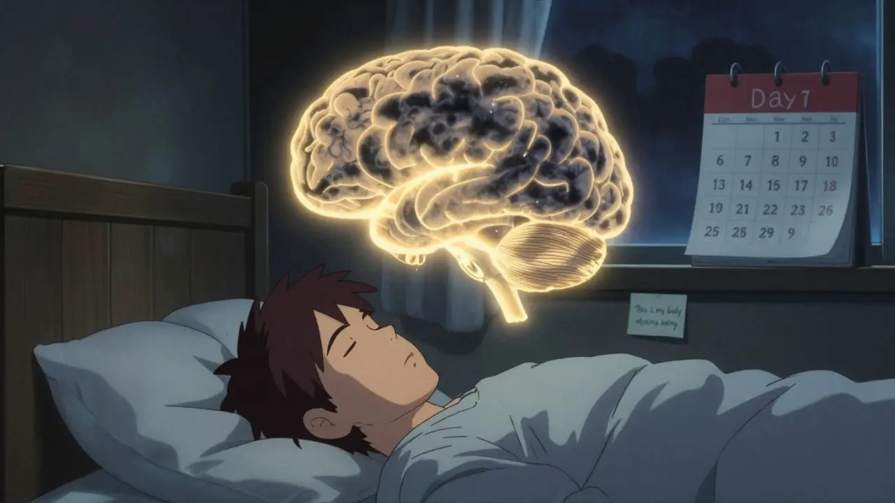 Person sleeping as their brain transforms from stormy clouds to golden light, representing adaptation to medication.