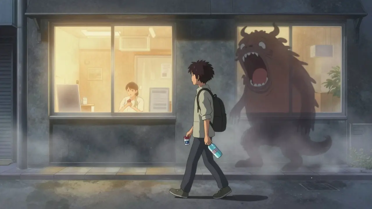 Person walking at dawn, a fading gut monster dissolving behind them as light shines ahead.