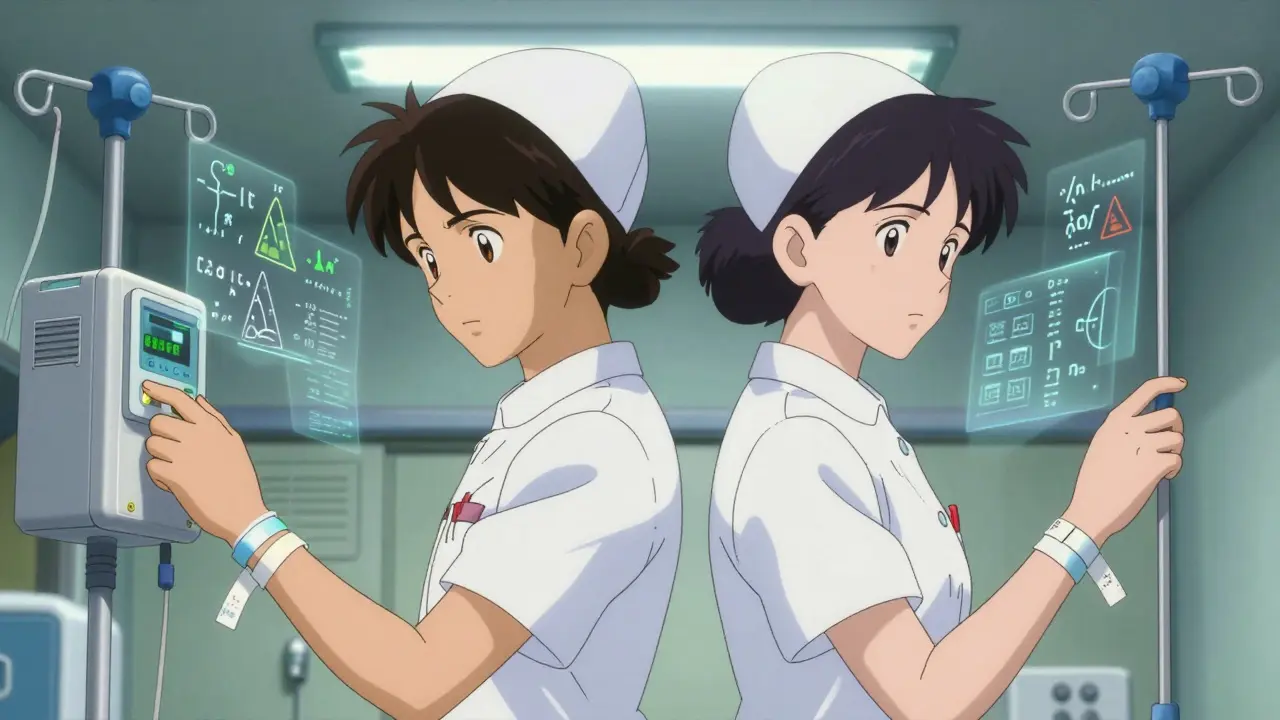 Pharmacist and nurse back-to-back in ICU, each verifying IV pumps and patient IDs under fluorescent lights, with floating calculation symbols around them.