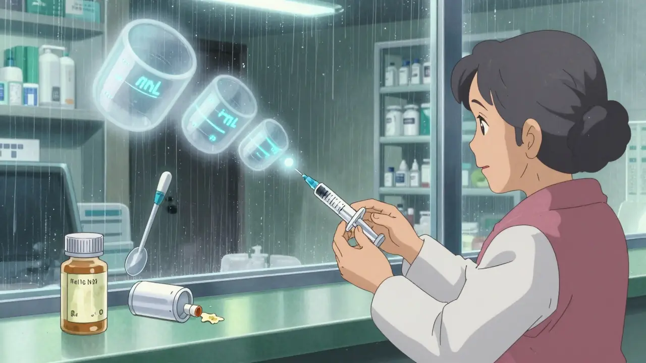 Pharmacist handing an oral syringe to an elderly caregiver as dosing cups fade into mist in the background.