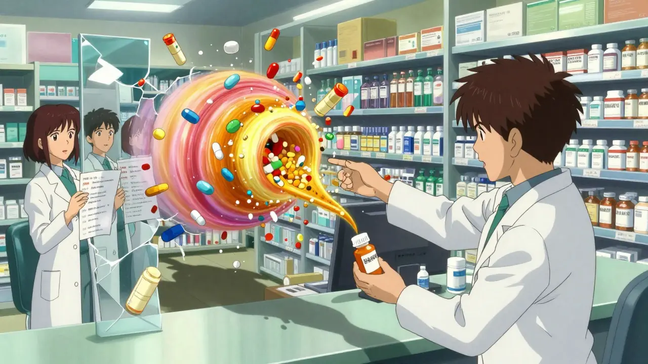 Pharmacist handing prescription as swirling pills and supplements collide in surreal vortex.