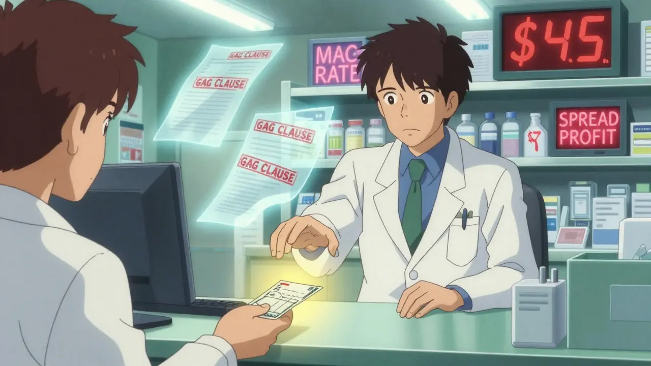 Pharmacist silenced by ghostly contracts as patient sees conflicting insurance and cash prices.