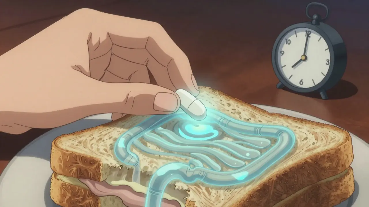 Pill resting on a sandwich with glowing gut pathways calming from chaotic to peaceful waves.