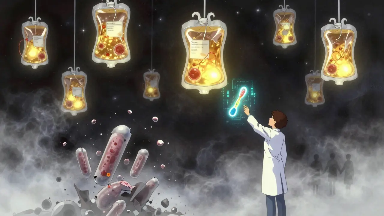 Plasma bags floating in space with crumbling B-cell factories and a scientist reaching for a glowing recombinant antibody.
