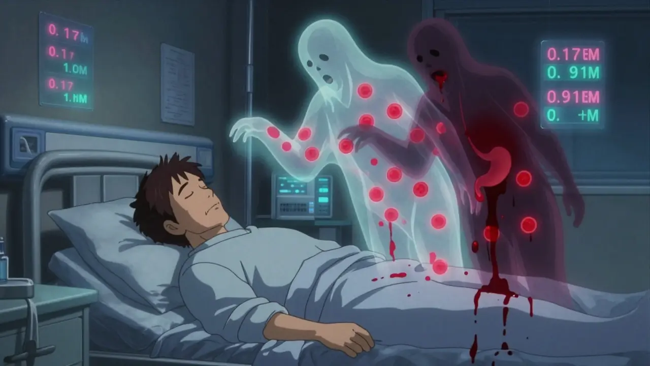 Sleeping patient with ghostly double bleeding internally, blood streaks on floor, floating medical data glowing in dark hospital room.