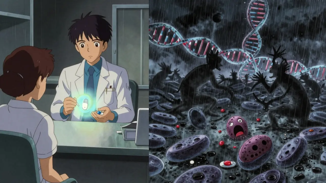Split scene: doctor and patient discussing safe SSRIs vs. platelets under siege by drug shadows, DNA helix pulses ominously in stormy backdrop.