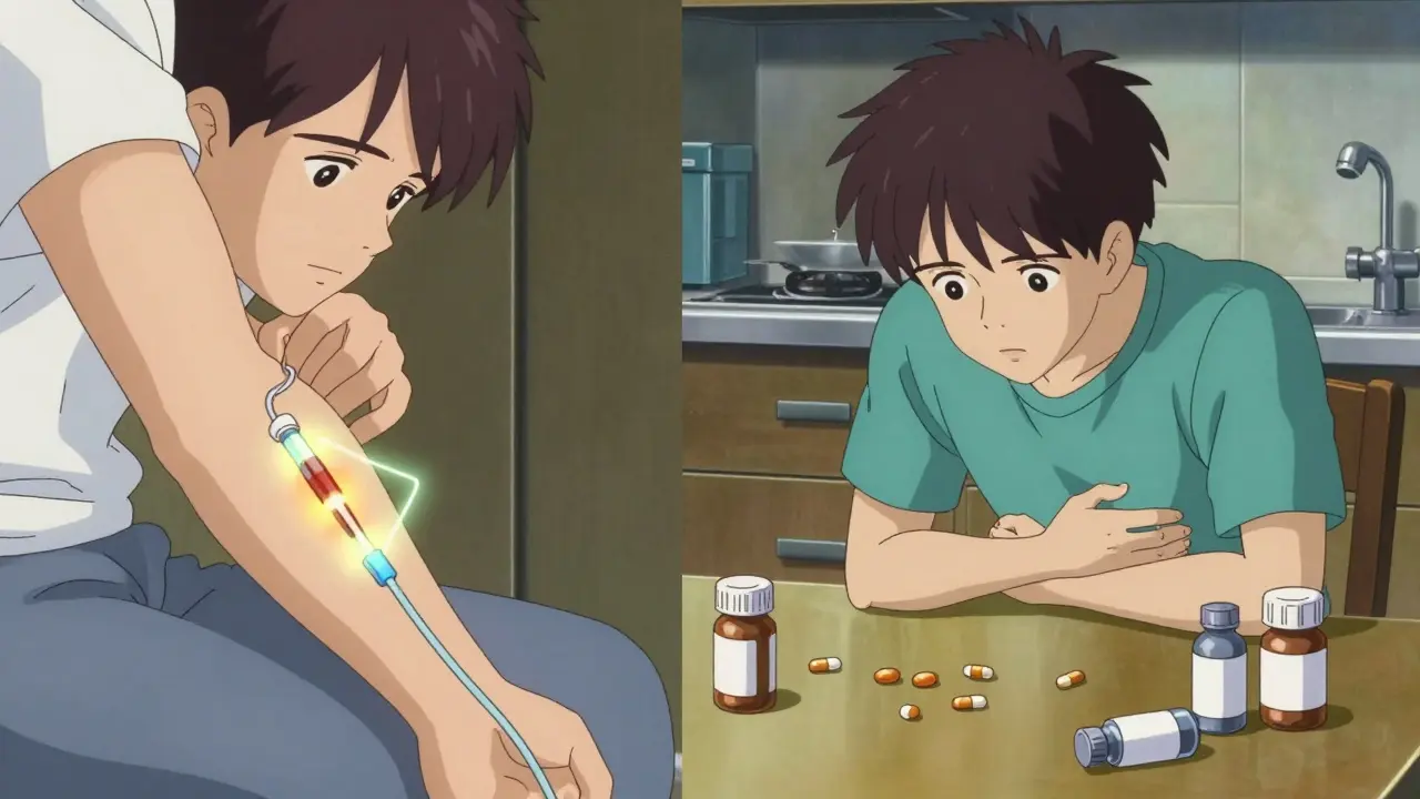 Split scene showing a patient receiving immunoglobulin therapy at home versus their past sick self with pill bottles.