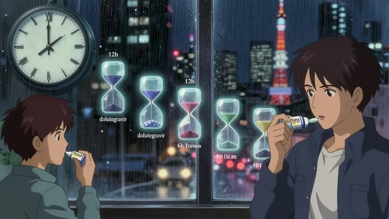 Split-screen of pill timing shift across time zones with ghostly timeline between cities.