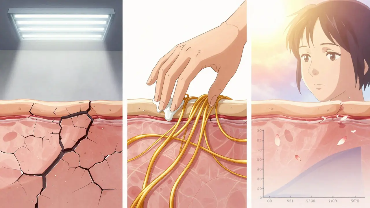 Timeline of eczema healing: cracked skin to restored barrier, with golden threads weaving through layers.