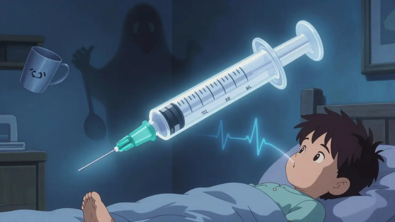 Transparent syringe showing precise 1.6 mL dose floating above a child’s bed, distorted cups and spoons as ghostly shadows.