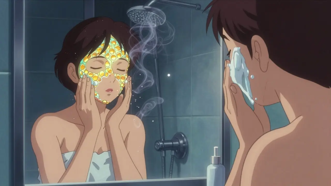 Woman applying ceramide cream to damp skin, her reflection showing a glowing lipid matrix repairing beneath.