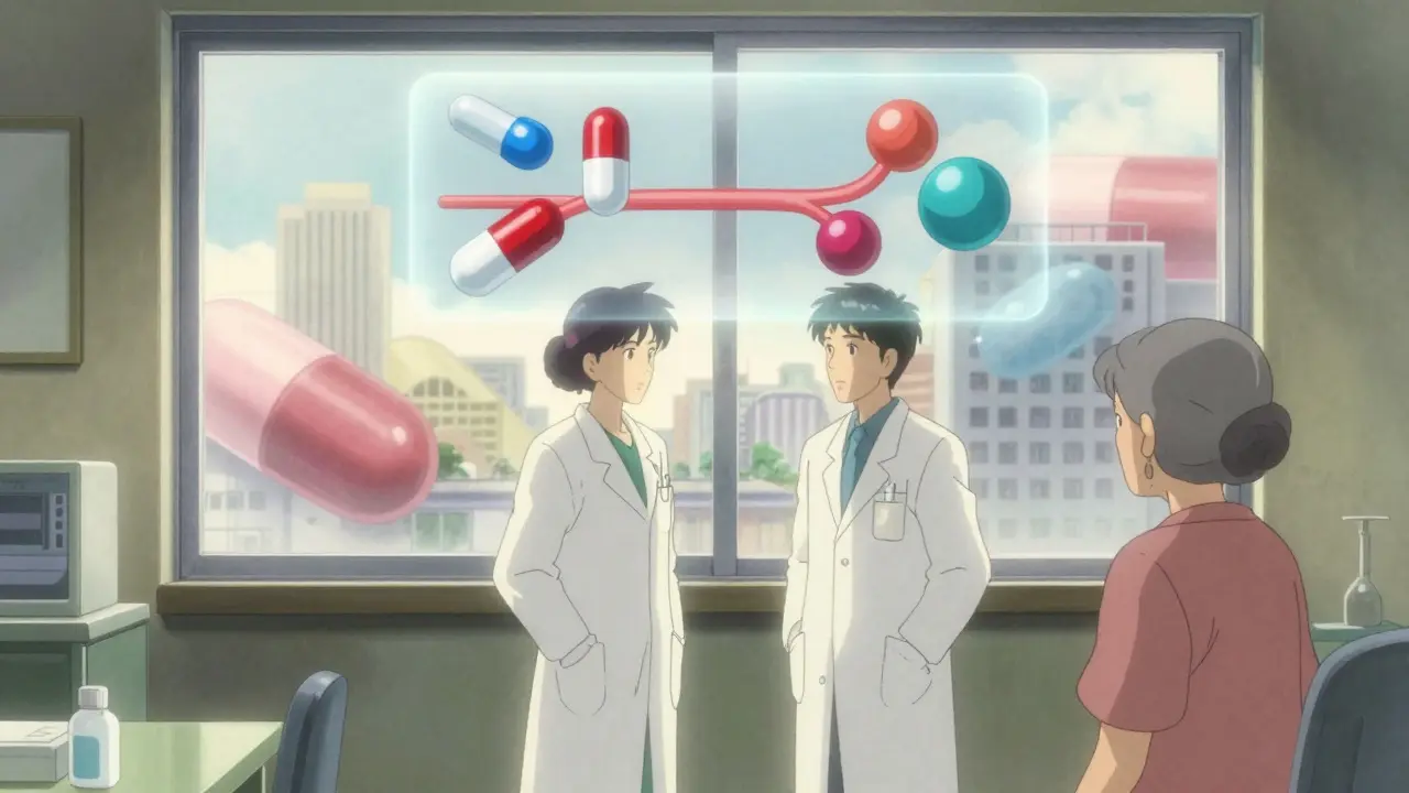 A doctor and pharmacist explaining generics to an elderly patient, with a transparent diagram of drug molecules above them.
