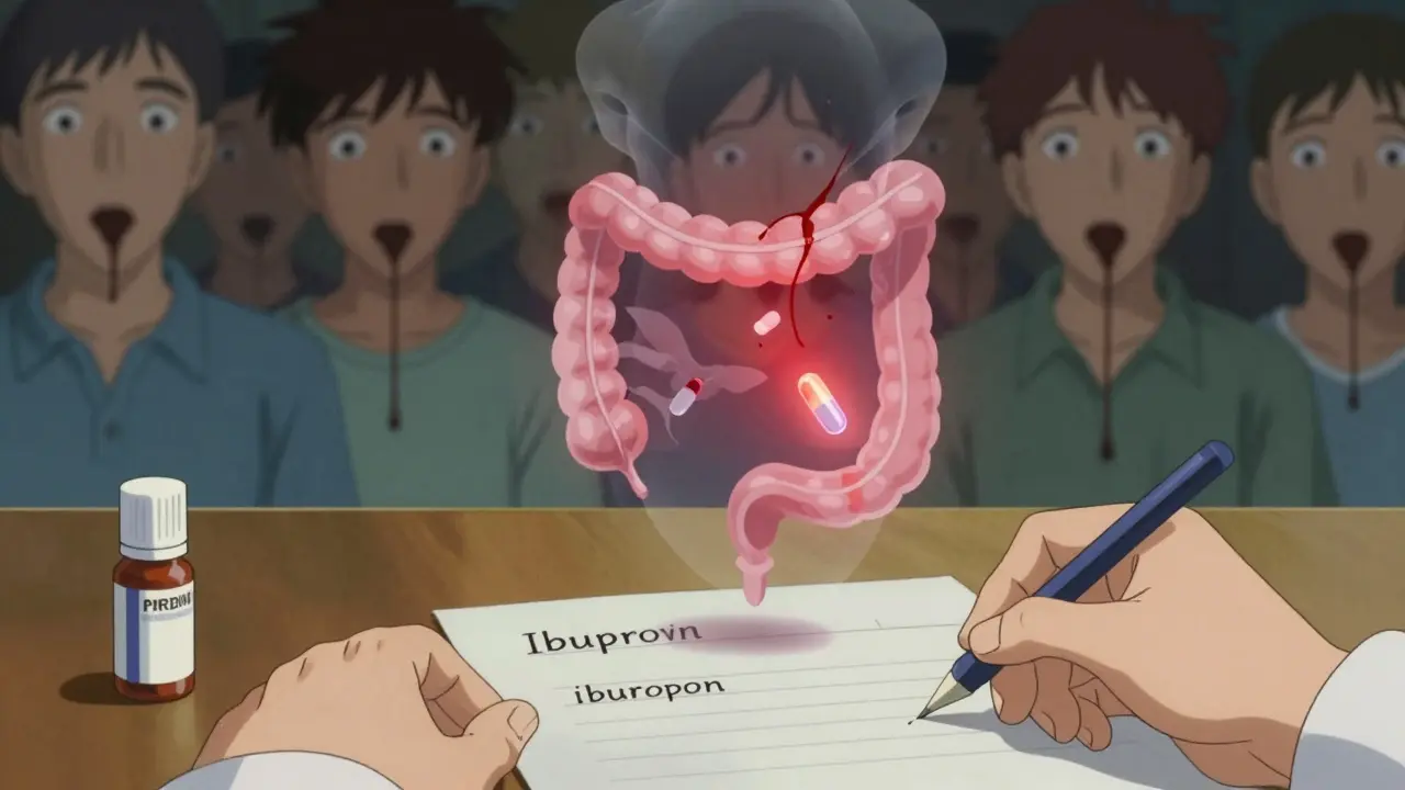 A doctor prescribing steroids and NSAIDs while a ghostly GI tract bleeds, with a PPI pill glowing nearby.