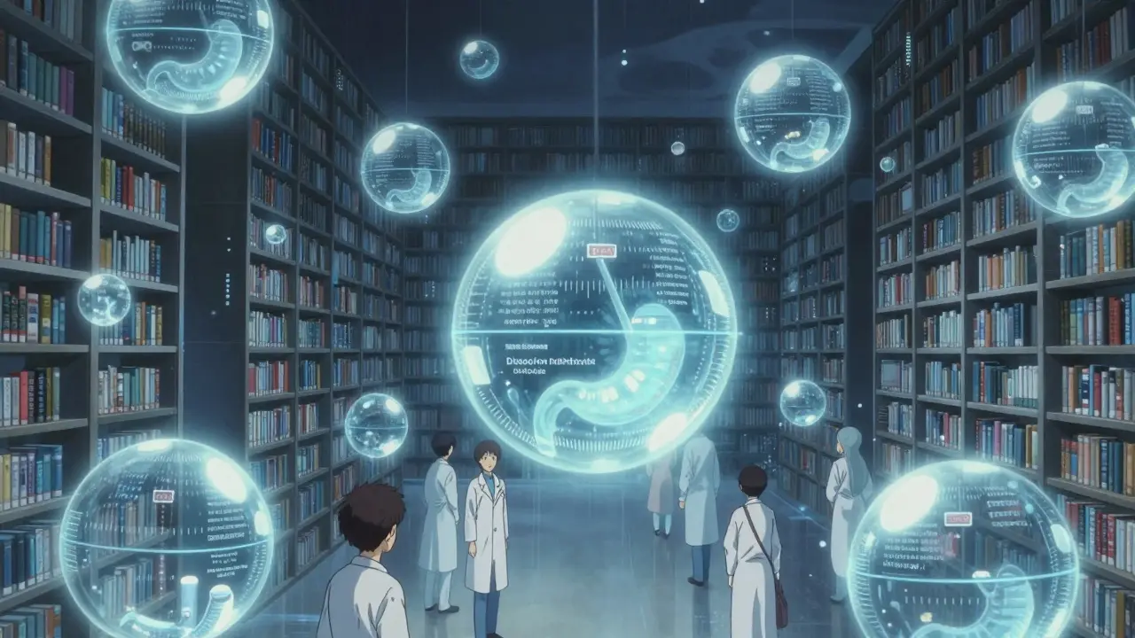 A floating library of glowing orbs, each representing a drug's dissolution profile, in a silent data world.