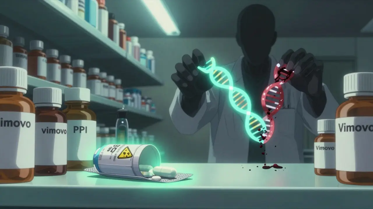 A pharmacy shelf with dangerous drug labels peeling into skulls, a protective pill glowing amid dark shadows.