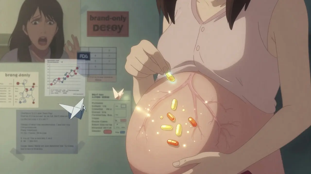 A pregnant woman's translucent hand taking a pill, revealing identical active ingredients flowing into a glowing womb, with scientific data floating like origami cranes.
