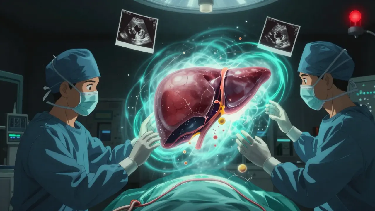 A surreal liver transplant scene where a damaged liver dissolves into light as a new one emerges from a portal, with ultrasound scans floating nearby.