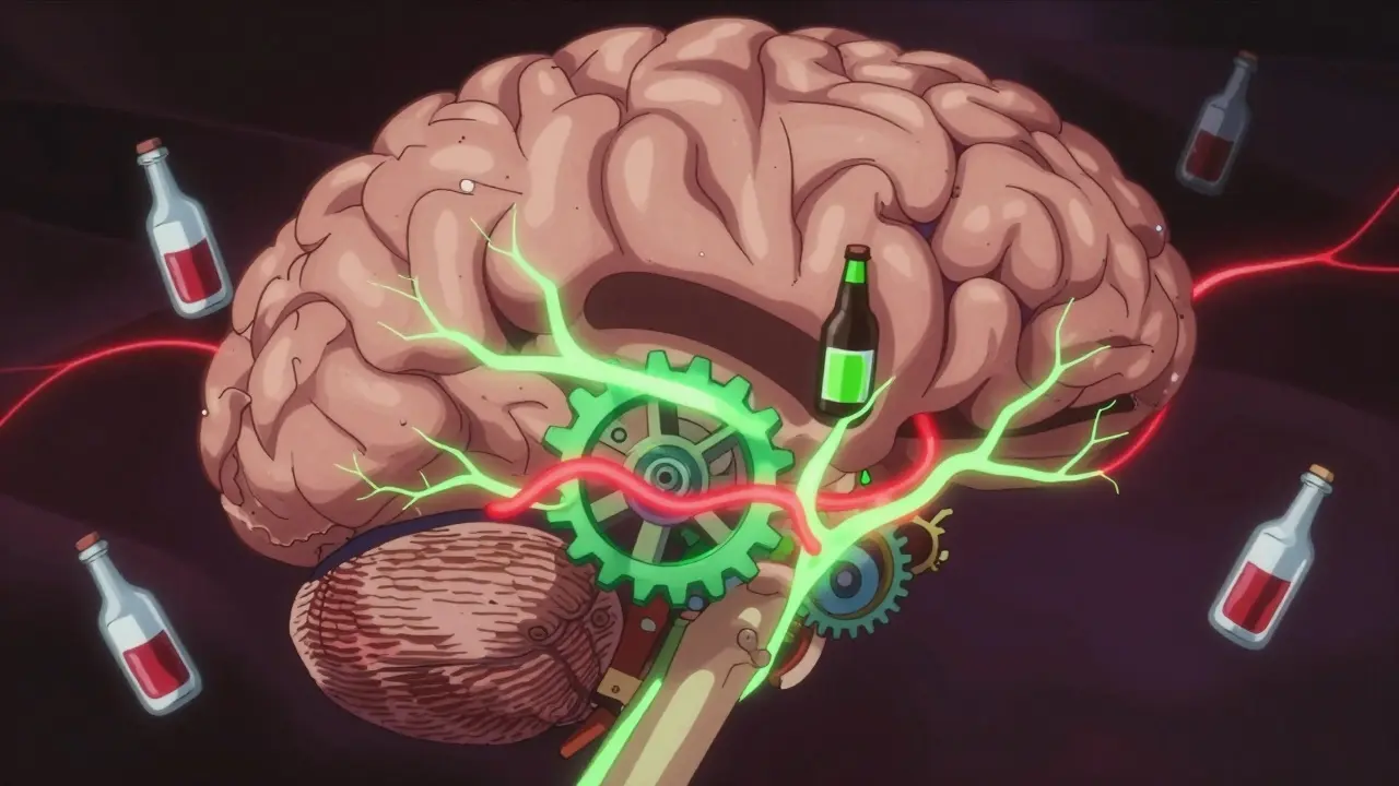 Brain and liver close-up showing GABA overstimulation and enzyme blockage