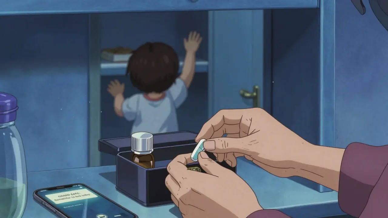 Elderly hands placing medicine into a lockbox on a high shelf, toddler reaching toward open cabinet in background.
