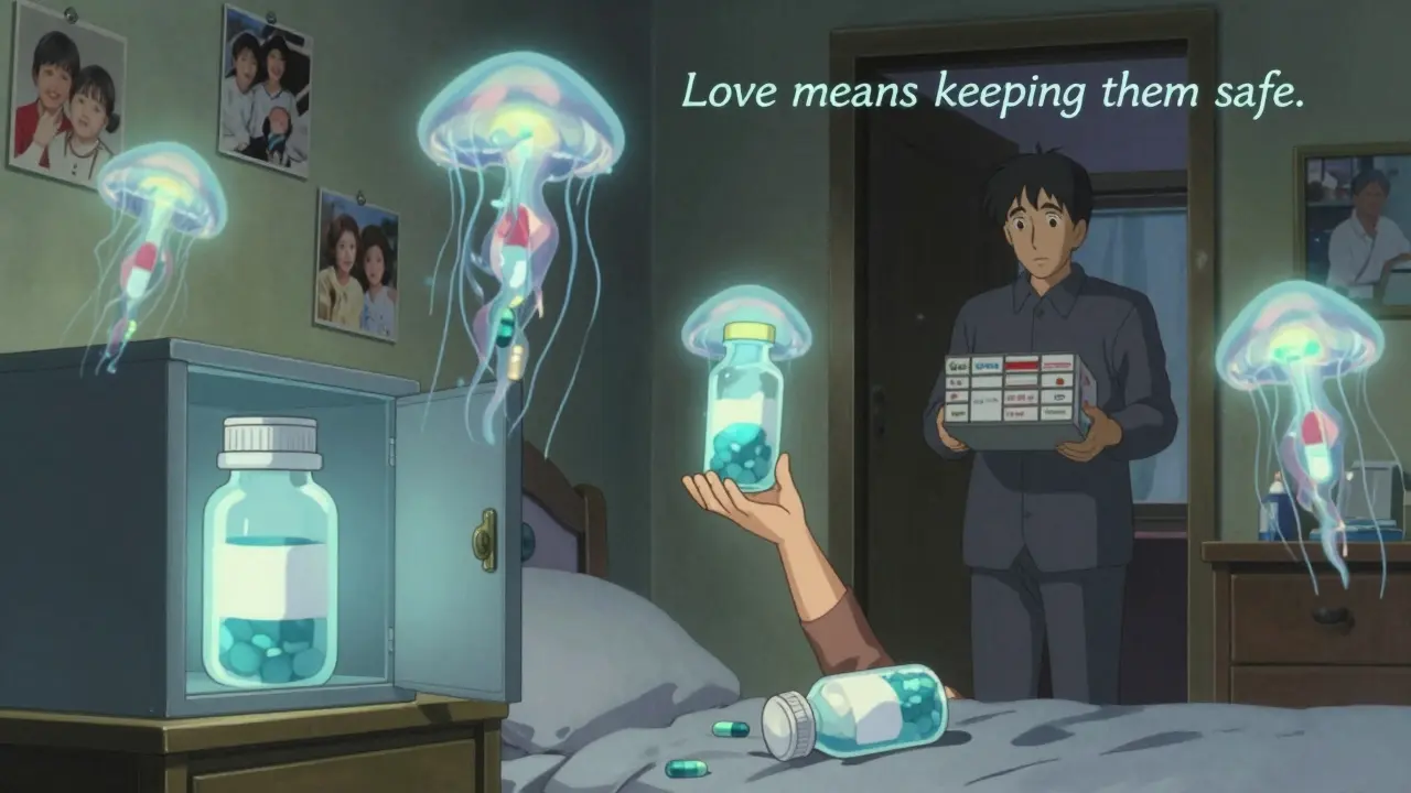 Floating pill bottles in a dreamy bedroom, one locked safely, one in child’s hand, grandfather watching quietly.