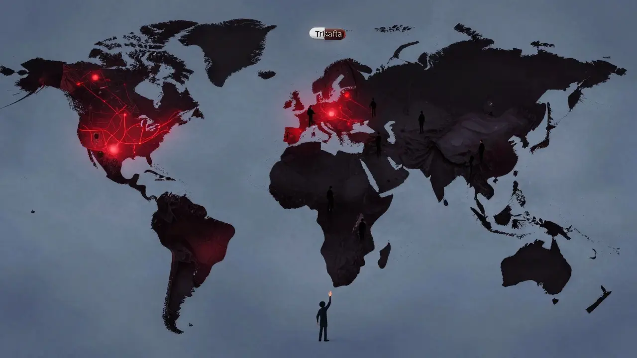 Global map showing access disparity to CFTR modulators, with hands reaching from dark regions.