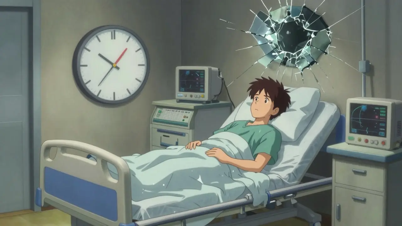 Hospital bed scene with distorted symptoms like rapid heartbeat in dreamlike environment