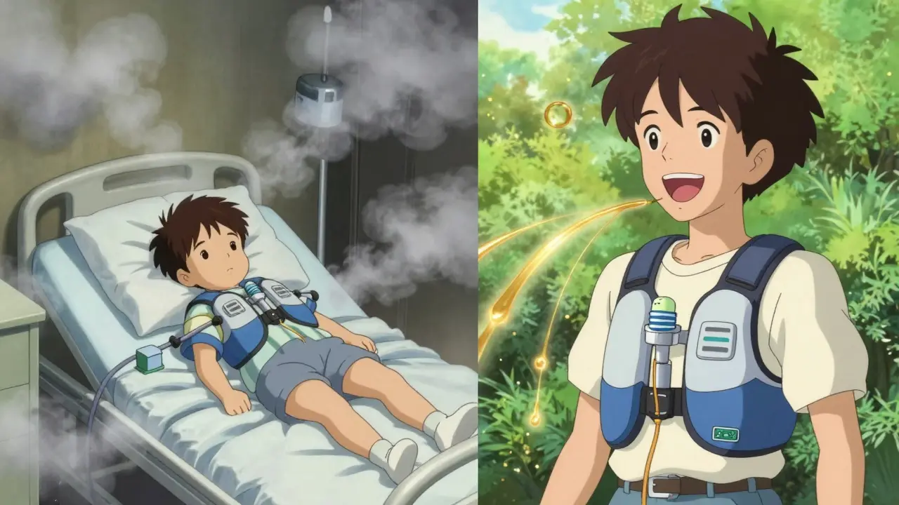 Split scene: 1960s CF treatment vs. modern life with improved freedom and light.