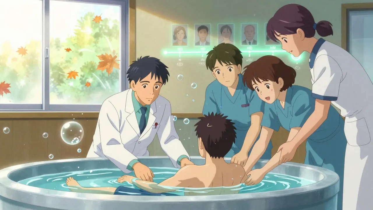 A care team supporting a patient in aquatic therapy, surrounded by floating bubbles and a fading timeline on the wall.