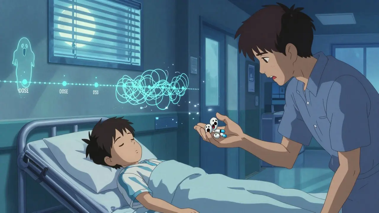 A child sleeps after one dexamethasone dose while a parent holds five prednisone pills, each morphing into a screaming face, under neon moonlight and shifting timelines.