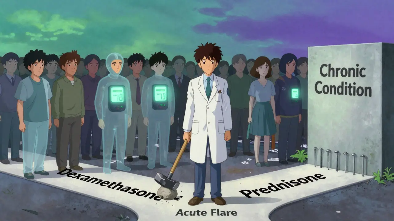 A doctor stands at a crossroads: one path has a sledgehammer for acute care, the other a nail gun for chronic treatment, with ghostly patient side effects swirling around them.