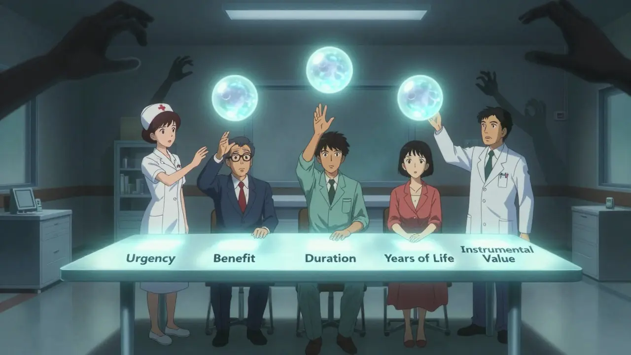 A floating ethical committee deliberates over glowing criteria orbs, shadowy hands pulling at them from outside the room.