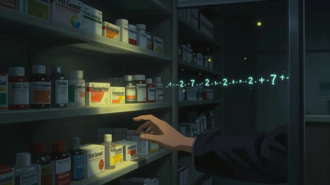 A hospital shelf with some generic drugs glowing warmly, others dark, as a patient reaches toward the light.