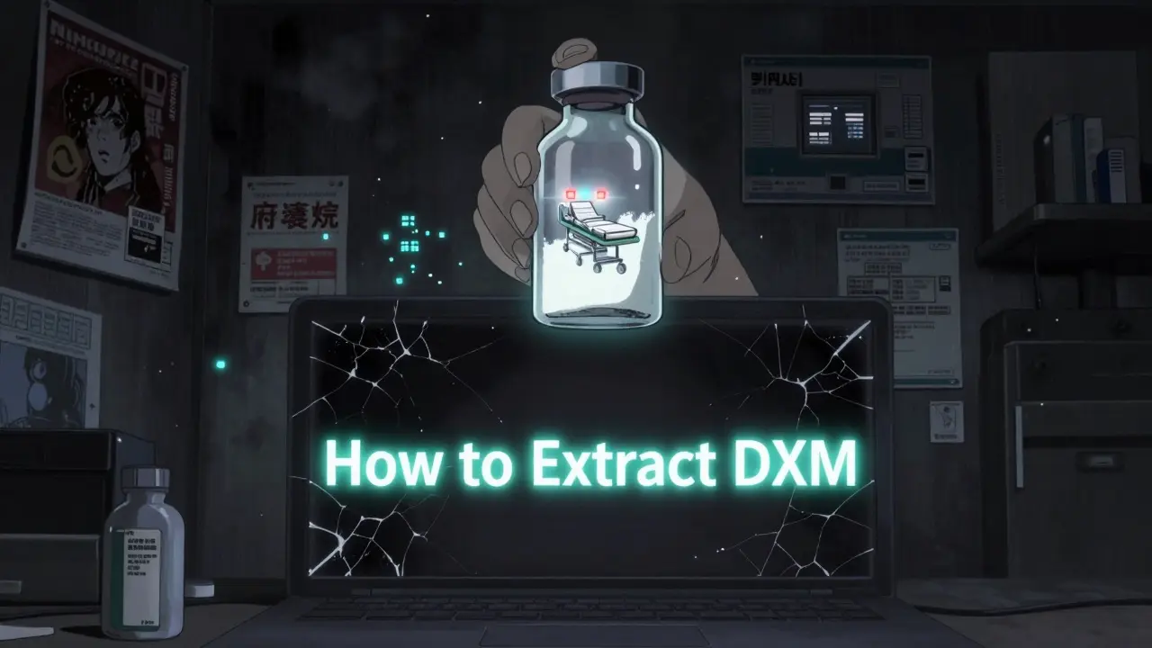 A laptop screen displaying instructions to extract DXM, with a vial of powder reflecting an ambulance in its glow.
