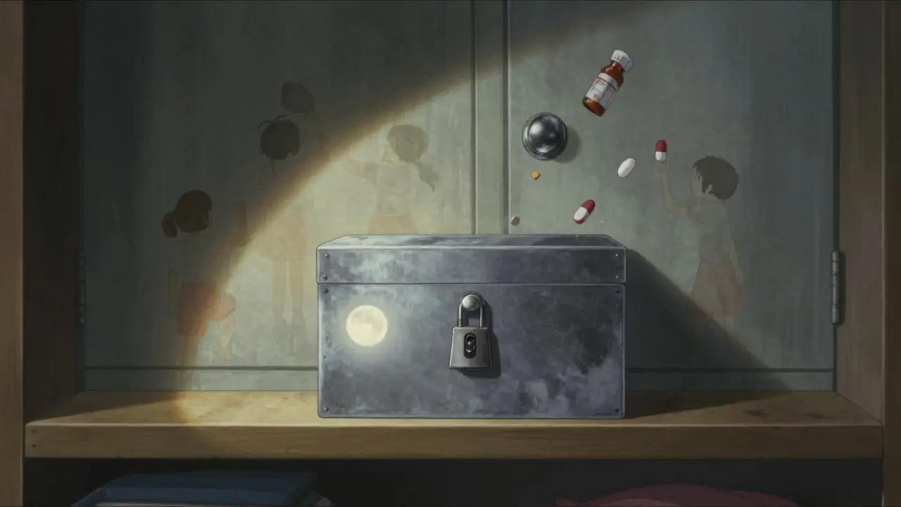 A locked medicine box on a high shelf as ghostly failed attempts dissolve into the wall behind it.