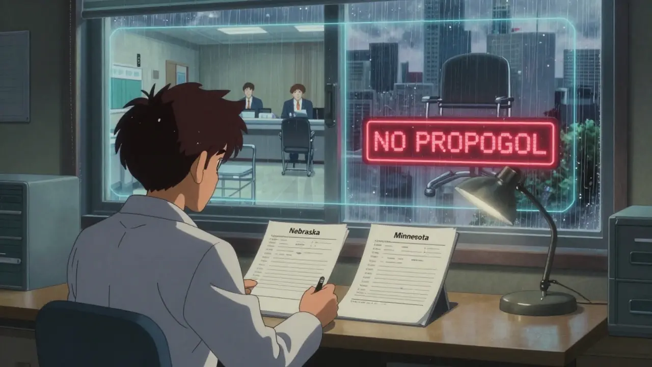 A lone oncologist stares at two patient files, one marked with a functioning committee, the other with 'NO PROTOCOL' in rainy darkness.