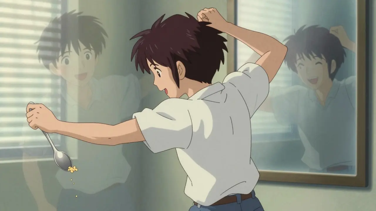 A person experiencing chorea, mid-movement, with a spilled spoon and a ghostly younger self reflected in a mirror.